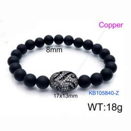 Stretchable 8mm Black Matte Onyx Bracelet Black Plated Copper Charm With Rhinestones