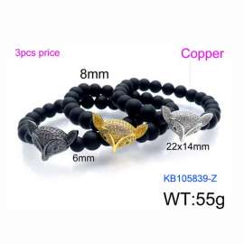 3PCS Stretchable 8mm Black Matte Onyx Bracelets Copper Fox Charm With Rhinestones
