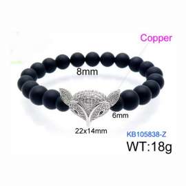 Stretchable 8mm Black Matte Onyx Bracelet Silver Plated Copper Fox Charm With Rhinestones