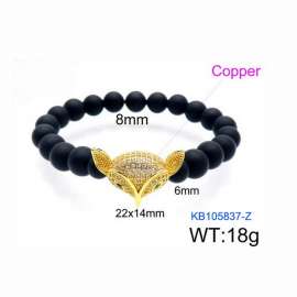 Stretchable 8mm Black Matte Onyx Bracelet Gold Plated Copper Fox Charm With Rhinestones