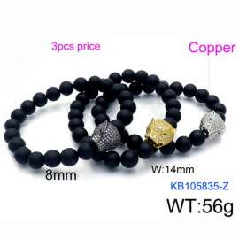 3PCS Stretchable 8mm Black Matte Onyx Bracelets Copper Snake Head Charm with Rhinestones