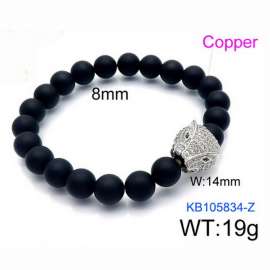 Stretchable 8mm Black Matte Onyx Bracelet Silver Plated Copper Snake Head Charm with Rhinestones