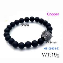 Stretchable 8mm Black Matte Onyx Bracelet Black Plated Copper Snake Head Charm with Rhinestones