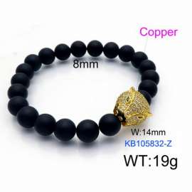 Stretchable 8mm Black Matte Onyx Bracelet Gold Plated Copper Snake Head Charm with Rhinestones