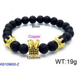 Stretchable 8mm Lava Bead Bracelet with Gold Plated Brass Crown Charm
