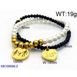 Black Silicone and Beads Beaded Bracelet with Love Family Charms Woman's Stretch Bracelet