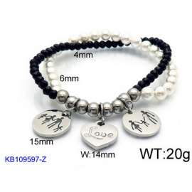 Black Silicone and Beads Beaded Bracelet with Love Family Charms Woman's Stretch Bracelet