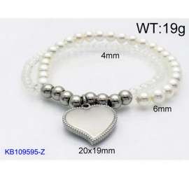 White Silicone and Beads Beaded Bracelet with Love Charm Woman's Stretch Bracelet