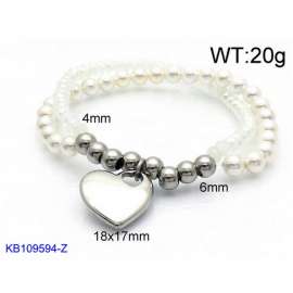 White Silicone and Beads Beaded Bracelet with Love Charm Woman's Stretch Bracelet