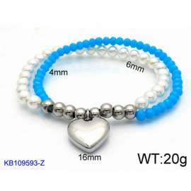 Blue Silicone and Beads Beaded Bracelet with Love Charm Woman's Stretch Bracelet