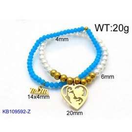 Blue Silicone and Beads Beaded Bracelet with Love Charms Woman's Stretch Bracelet