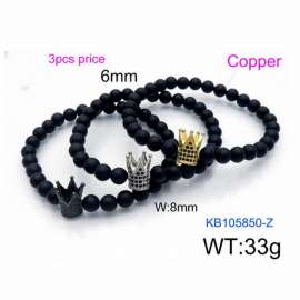 3PCS Stretchable 6mm Black Matte Onyx Bracelets Copper Crown Charm with Rhinestones