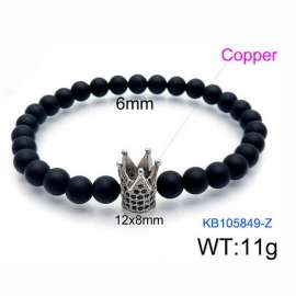 Stretchable 6mm Black Matte Onyx Bracelet Silver Plated Copper Crown Charm with Rhinestones