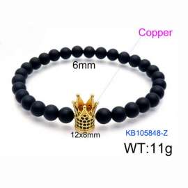 Stretchable 6mm Black Matte Onyx Bracelet Gold Plated Copper Crown Charm with Rhinestones