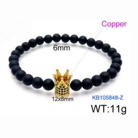 Stretchable 6mm Black Matte Onyx Bracelet Gold Plated Copper Crown Charm with Rhinestones