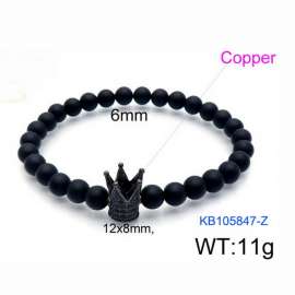 Stretchable 6mm Black Matte Onyx Bracelet Black Plated Copper Crown Charm with Rhinestones