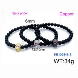 3PCS Stretchable 6mm Black Matte Onyx Bracelet Copper Skull Charm With Rhinestones