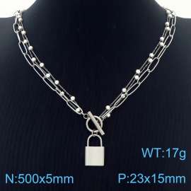 European and American fashion stainless steel three-layer mixed chain OT buckle lock head pendant versatile silver necklace