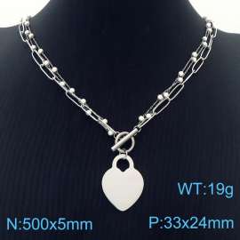 European and American fashion stainless steel three-layer mixed chain OT buckle hanging heart-shaped pendant versatile silver necklace