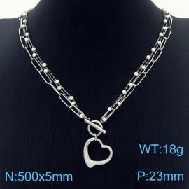 European and American fashion stainless steel three-layer mixed chain OT buckle hanging hollow heart shaped pendant versatile silver necklace