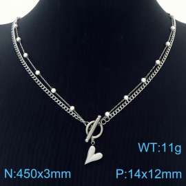 European and American fashion stainless steel two-layer mixed chain OT buckle hanging heart shaped pendant versatile silver necklace
