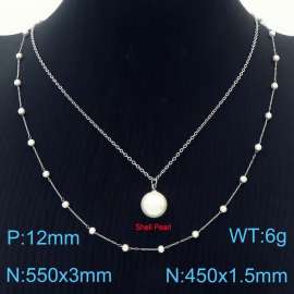 European and American fashion stainless steel two-layer mixed chain hanging pearl pendant versatile silver necklace