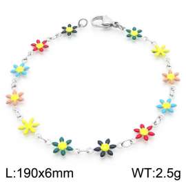 190×6mm Silver Stainless Steel Flower Link Bracelet for Women and Girls