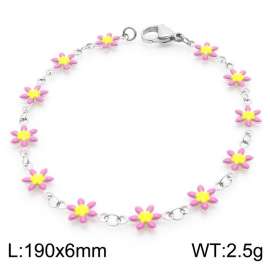 190×6mm Silver Stainless Steel Flower Link Bracelet for Women and Girls