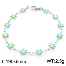 190×6mm Silver Stainless Steel Flower Link Bracelet for Women and Girls