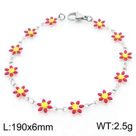 190×6mm Silver Stainless Steel Flower Link Bracelet for Women and Girls