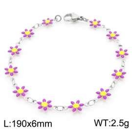 190×6mm Silver Stainless Steel Flower Link Bracelet for Women and Girls