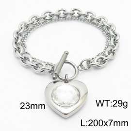 200x7mm Silver Stainless Steel Crystal Heart Charm Bracelet