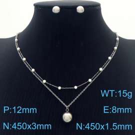 Women 450mm Stainless Steel Link Necklace with Shell Pearl Penant&Steel Earrings Jewelry Set