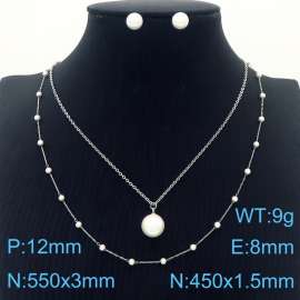 Women 550mm Stainless Steel Link Necklace with Shell Pearl Penant&Pearl Earrings Jewelry Set