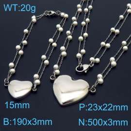 Women Love Heart Pendant Stainless Steel&Pearl Link Jewelry Set with 190mm Bracelet&500mm Necklace