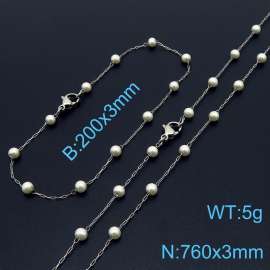 Women Stainless Steel&Pearls Link Jewelry Set with 760mm Necklace&200mm Bracelet