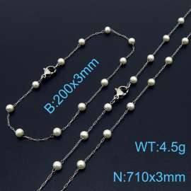 Women Stainless Steel&Pearls Link Jewelry Set with 710mm Necklace&200mm Bracelet