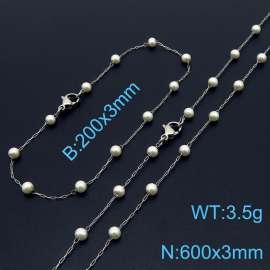 Women Stainless Steel&Pearls Link Jewelry Set with 600mm Necklace&200mm Bracelet