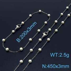 Women Stainless Steel&Pearls Link Jewelry Set with 450mm Necklace&200mm Bracelet