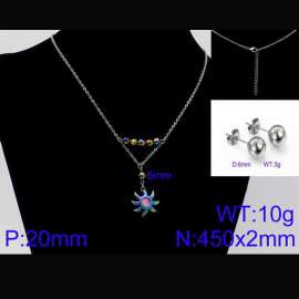 Women Stainless Steel Jewelry Set with 450mm Pink Stamen Rainbow Color Petals Flower Pendant Necklace &Earrings