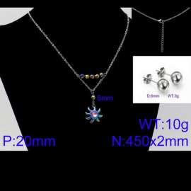 Women Stainless Steel Jewelry Set with 450mm Pink Zircon Stamen Rainbow Color Petals Flower Pendant Necklace &Earrings