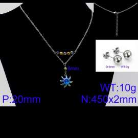 Women Stainless Steel Jewelry Set with 450mm Sky Blue Stamen Rainbow Color Petals Flower Pendant Necklace &Earrings