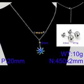 Women Stainless Steel Jewelry Set with 450mm Sea Blue Stamen Rainbow Color Petals Flower Pendant Necklace &Earrings