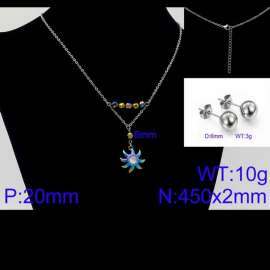 Women Stainless Steel Jewelry Set with 450mm Pink Zircon Stamen Rainbow Color Petals Flower Pendant Necklace &Earrings