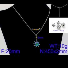 Women Stainless Steel Jewelry Set with 450mm Green Stamen Rainbow Color Petals Flower Pendant Necklace &Earrings