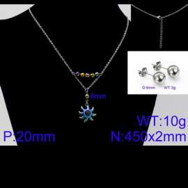 Women Stainless Steel Jewelry Set with 450mm Black Zircon Stamen Rainbow Color Petals Flower Pendant Necklace &Earrings