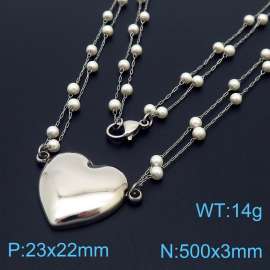 500mm Women Stainless Steel&Pearl Link Necklace with Love Heart Pendant