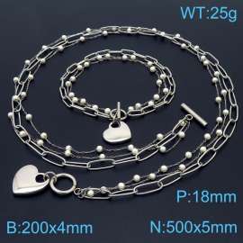 Women Stainless Steel&Pearls Link Polished Love Heart Charm Jewelry Set with 500mm Necklace&200mm Bracelet