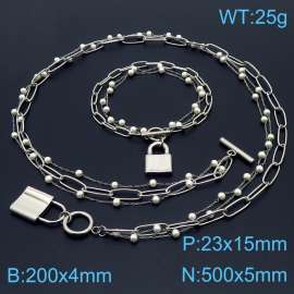 Women Stainless Steel&Pearls Link Lock Charm Jewelry Set with 500mm Necklace&200mm Bracelet