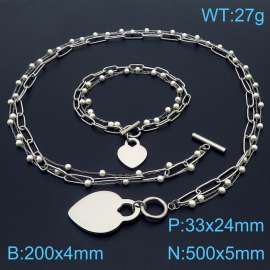 Women Stainless Steel&Pearls Link Flat Love Heart Charm Jewelry Set with 500mm Necklace&200mm Bracelet
